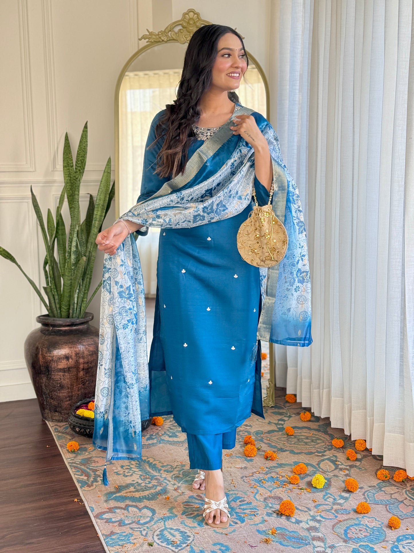 Thread Embellished Flared Kurti