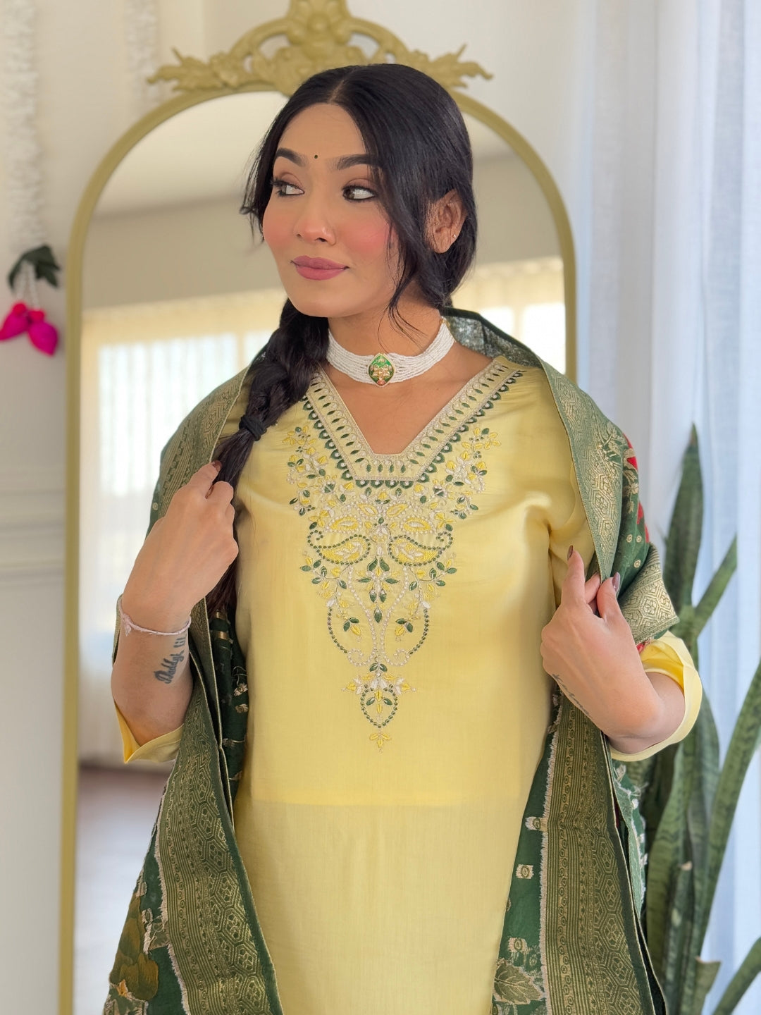KERVI Chanderi Jaquard Kurti Set