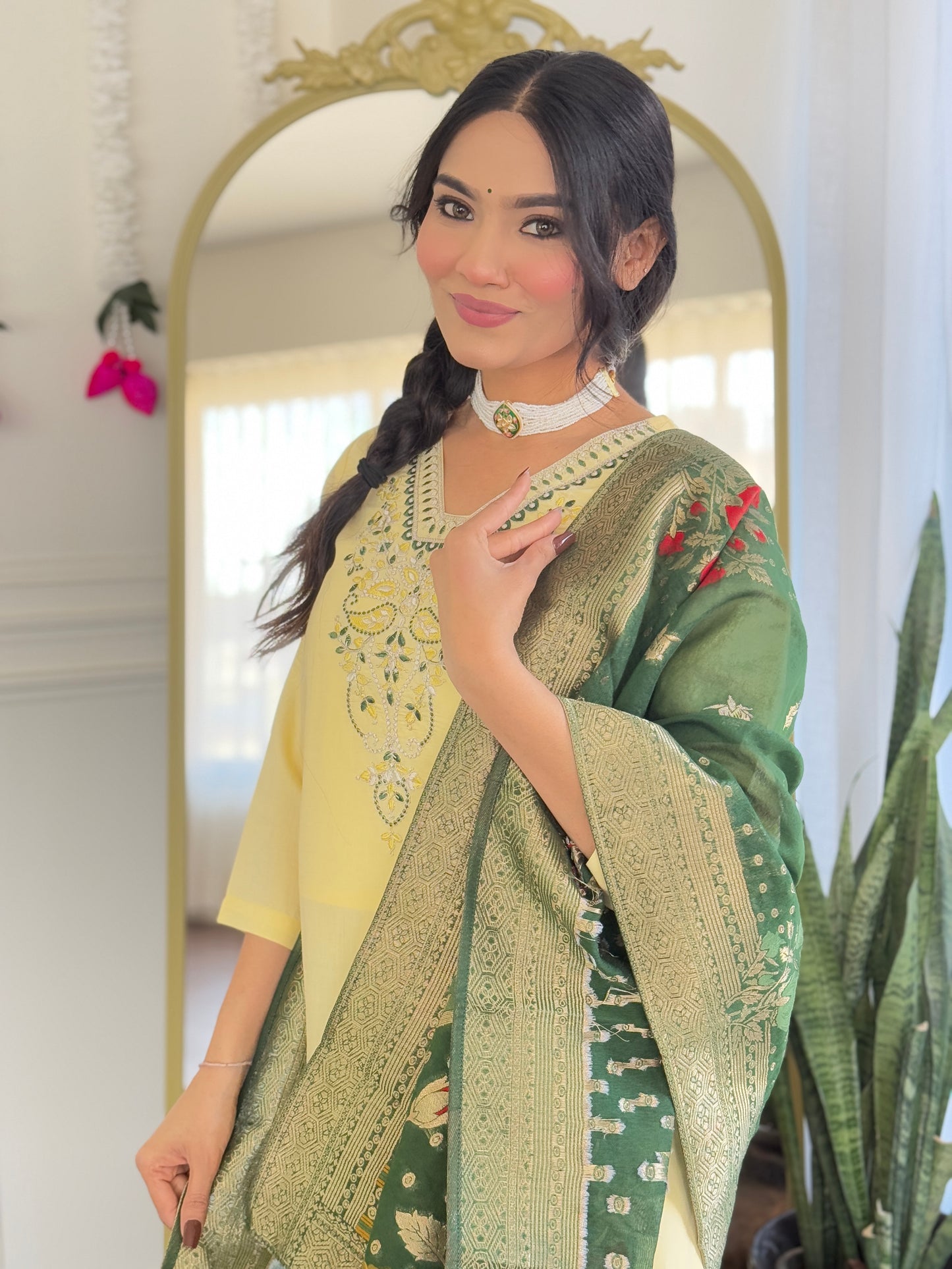 KERVI Chanderi Jaquard Kurti Set