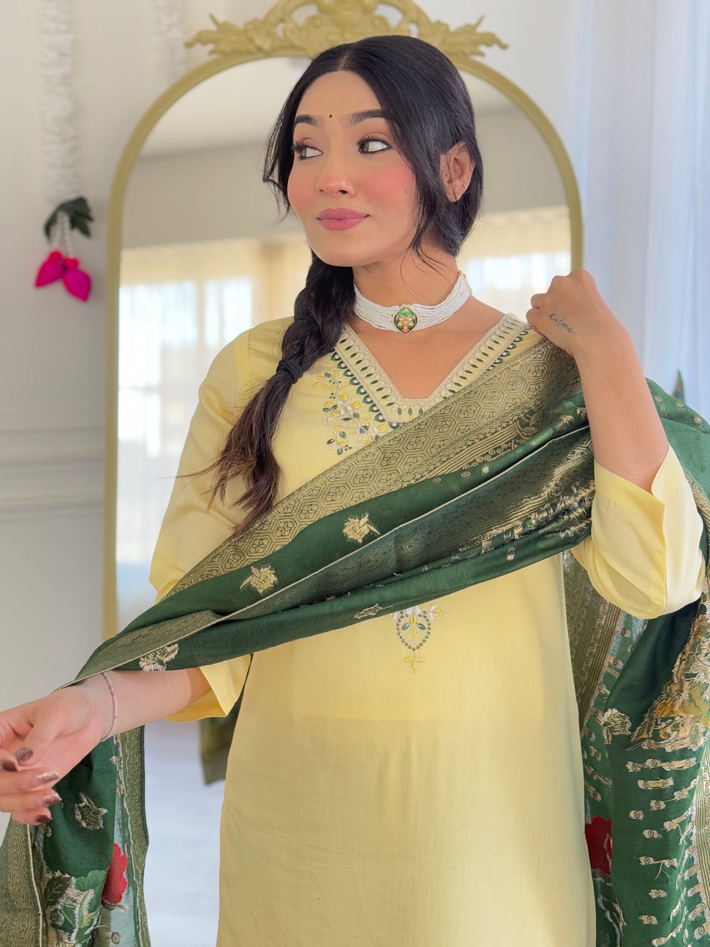 KERVI Chanderi Jaquard Kurti Set