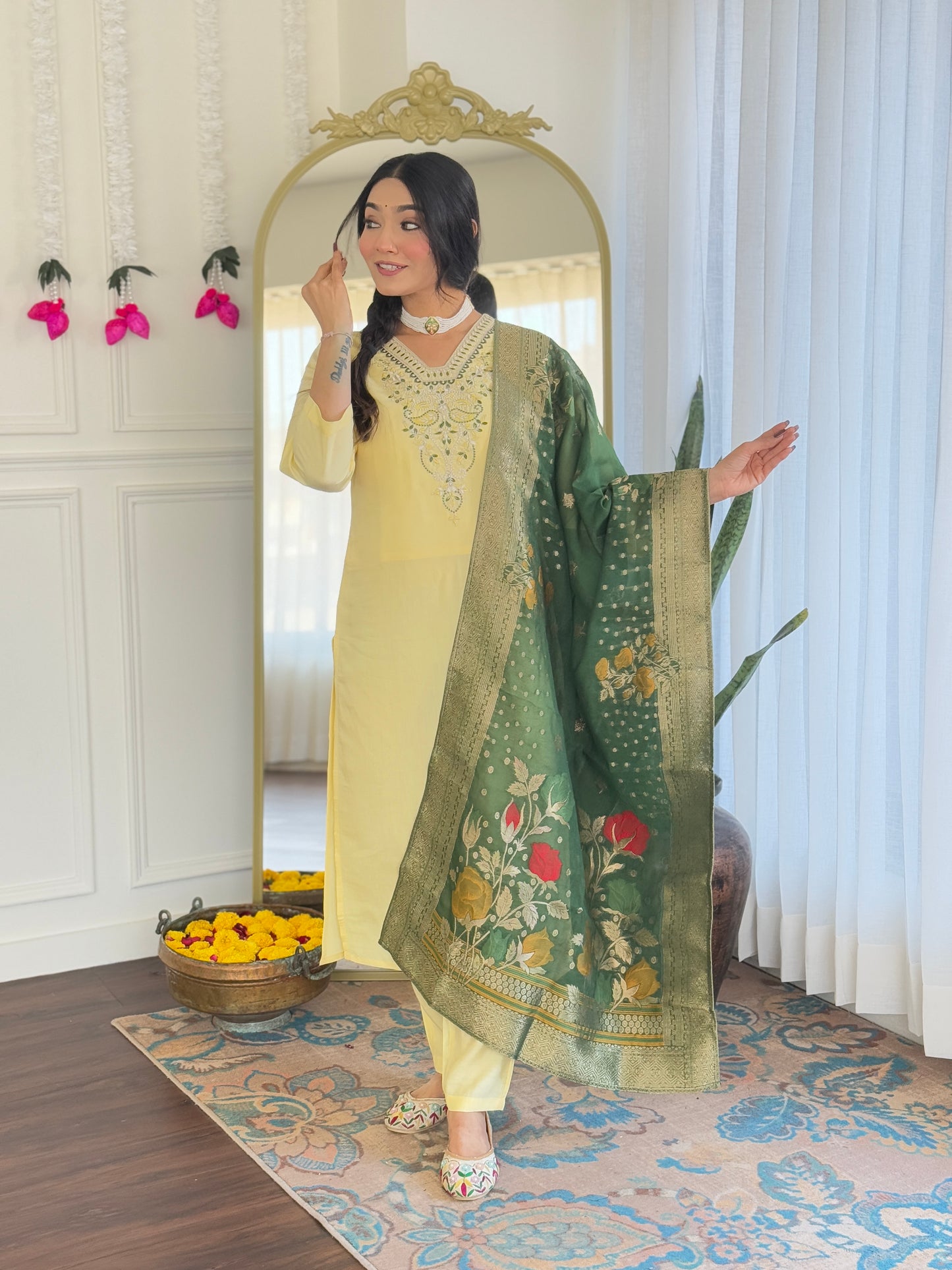 KERVI Chanderi Jaquard Kurti Set