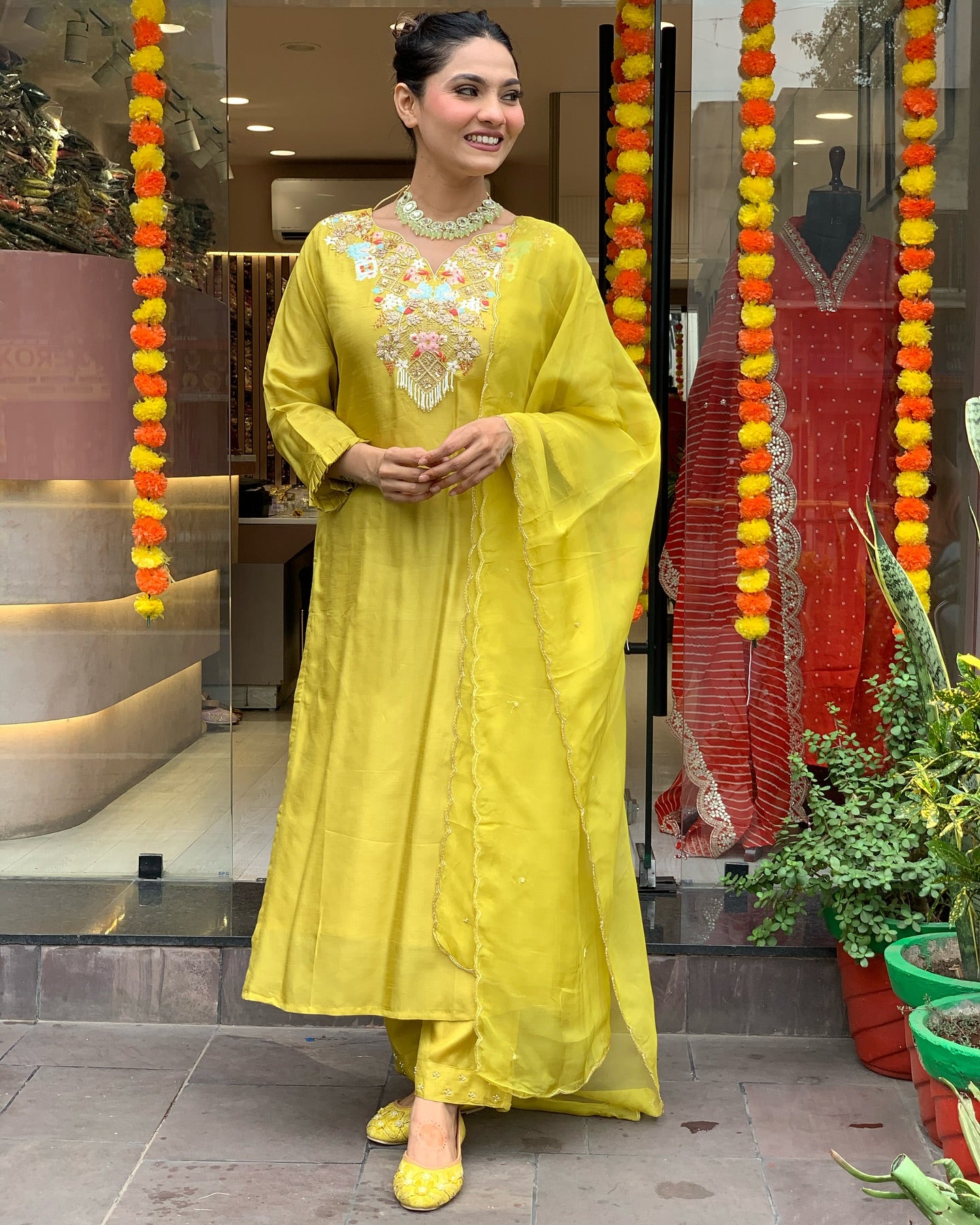 Lemon Chanderi Silk Organza Kurti Set