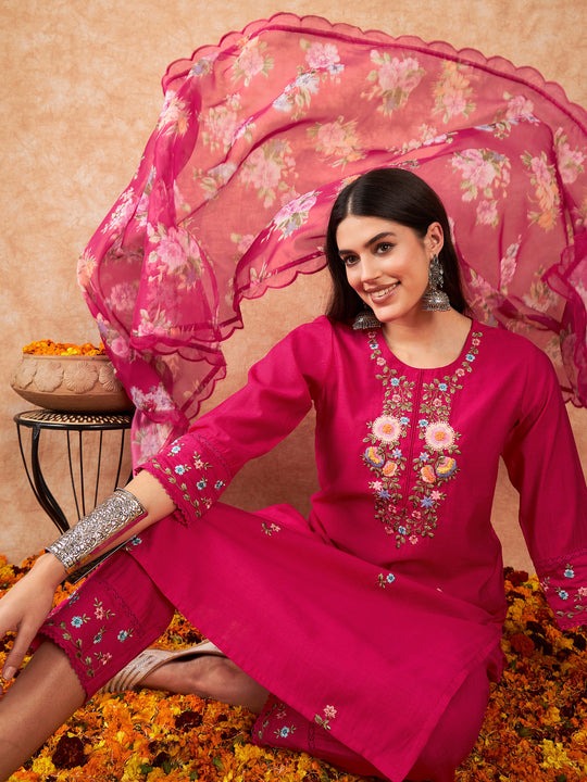 ANCHAL Viscose Chanderi Pure Organza Kurti Set