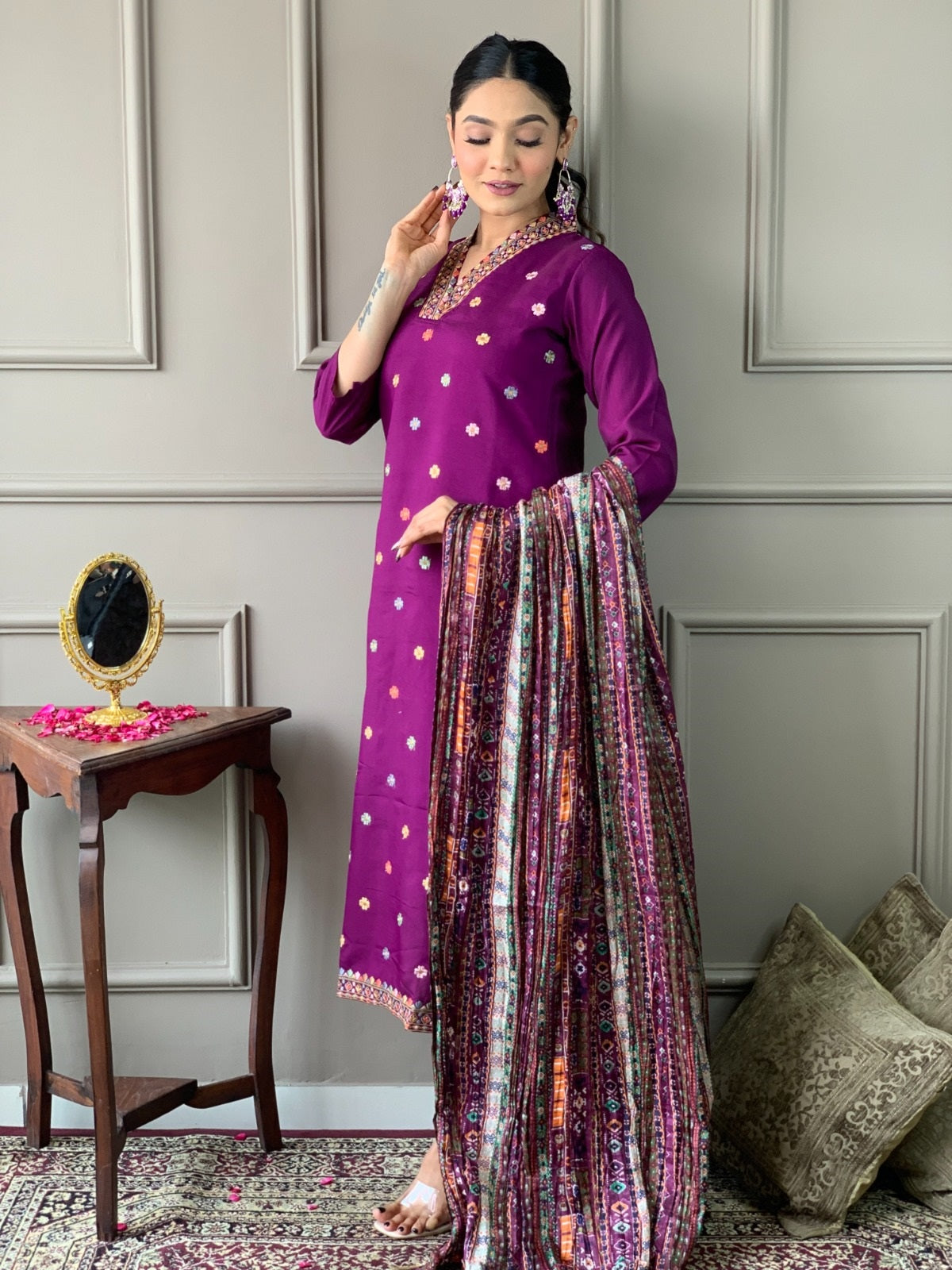 Chanderi Chinon Festive Kurti Set