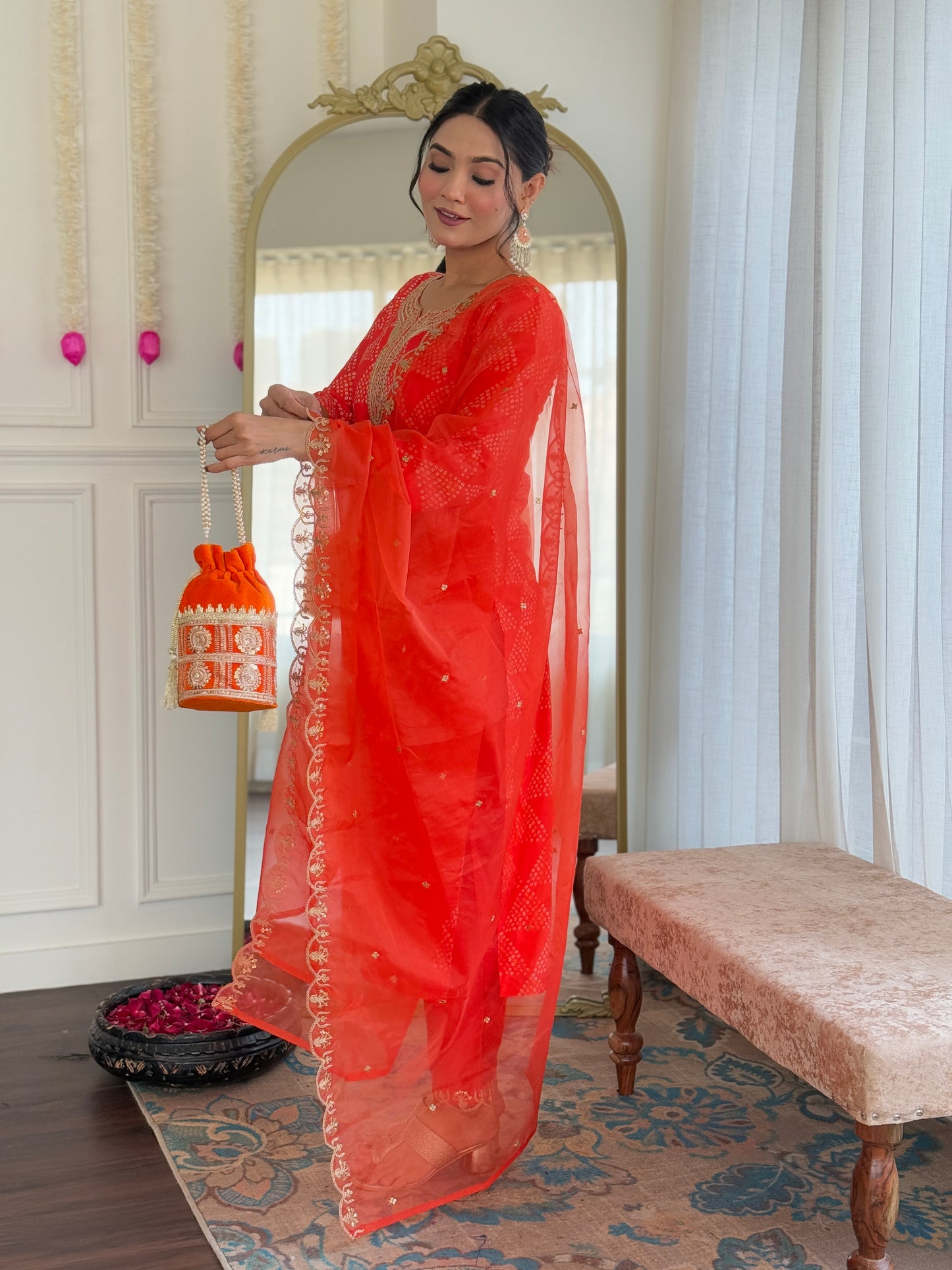 Crepe Gadhval Organza Kurti Set