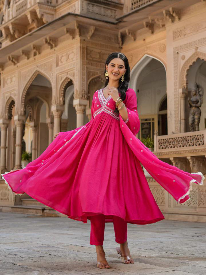 Pink Chanderi Silk Organza Kurti Set
