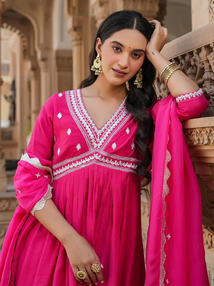 Pink Chanderi Silk Organza Kurti Set