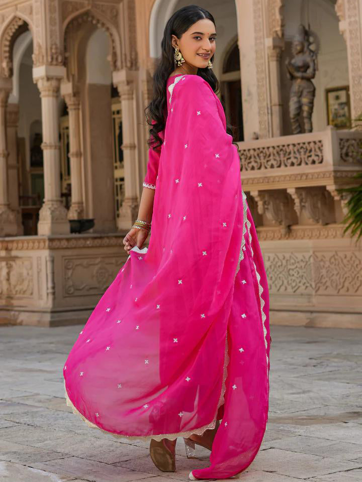 Pink Chanderi Silk Organza Kurti Set