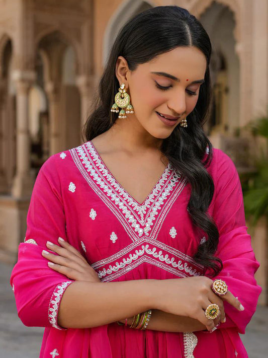 Pink Chanderi Silk Organza Kurti Set