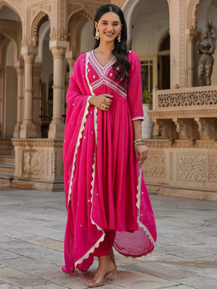 Pink Chanderi Silk Organza Kurti Set