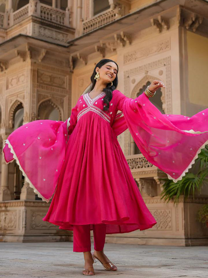 Pink Chanderi Silk Organza Kurti Set