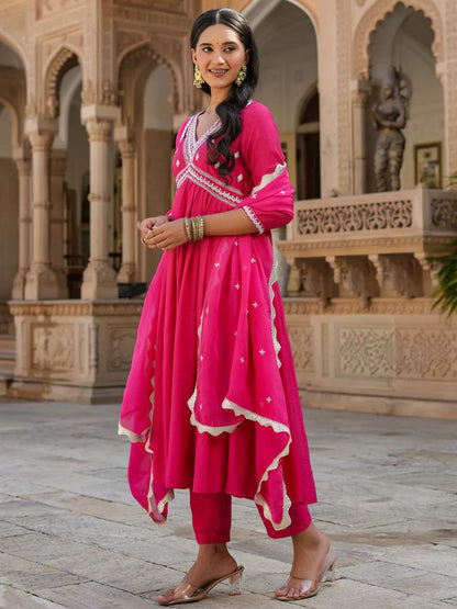 Pink Chanderi Silk Organza Kurti Set