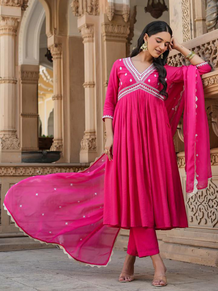 Pink Chanderi Silk Organza Kurti Set