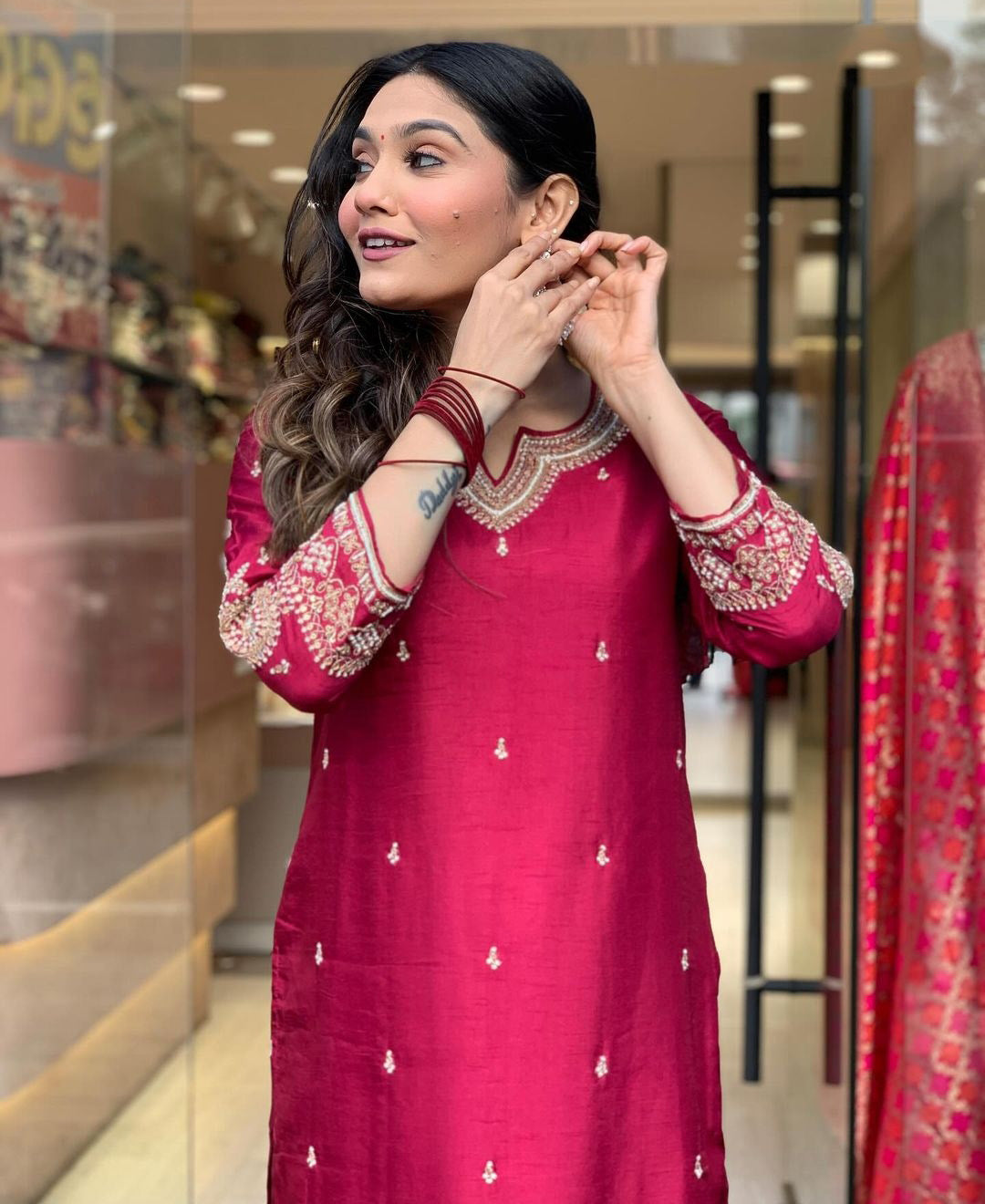 Rani Wine Chanderi Jaquard Kurti Set