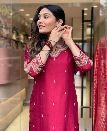 Rani Wine Chanderi Jaquard Kurti Set