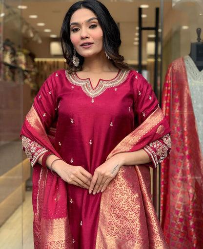 Rani Wine Chanderi Jaquard Kurti Set