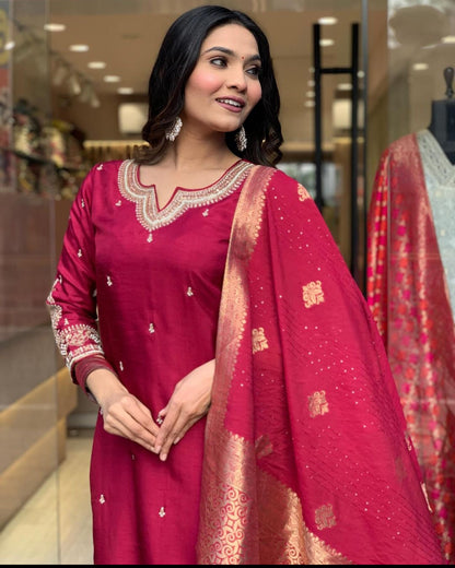 Rani Wine Chanderi Jaquard Kurti Set