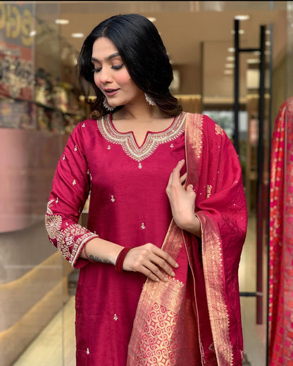 Rani Wine Chanderi Jaquard Kurti Set