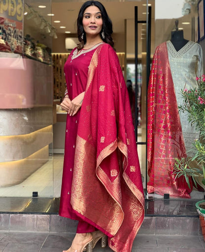 Rani Wine Chanderi Jaquard Kurti Set