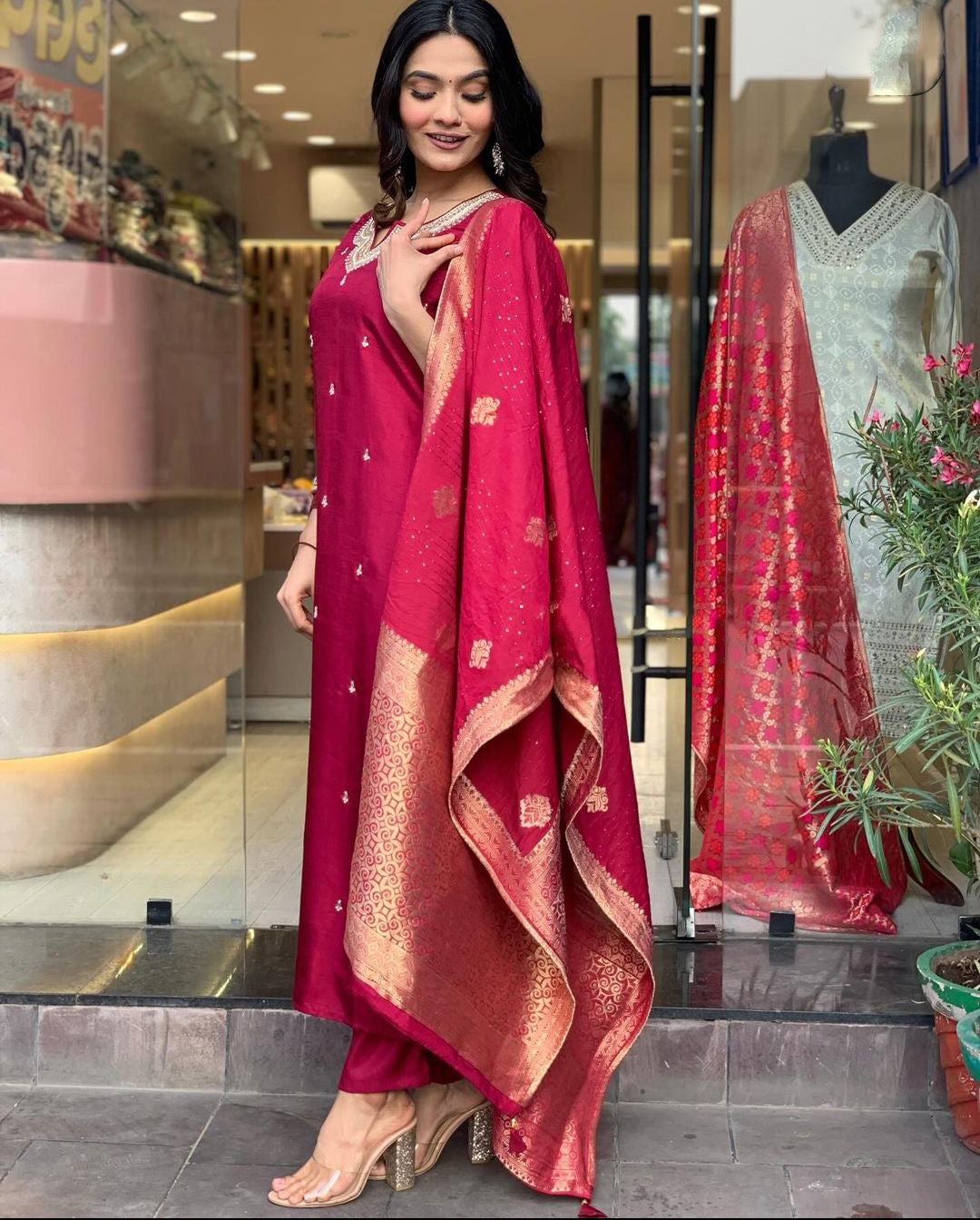 Rani Wine Chanderi Jaquard Kurti Set