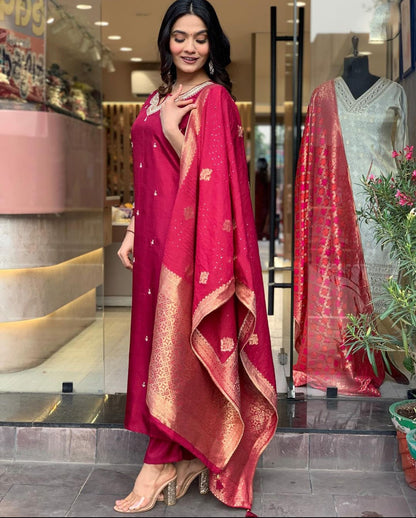 Rani Wine Chanderi Jaquard Kurti Set