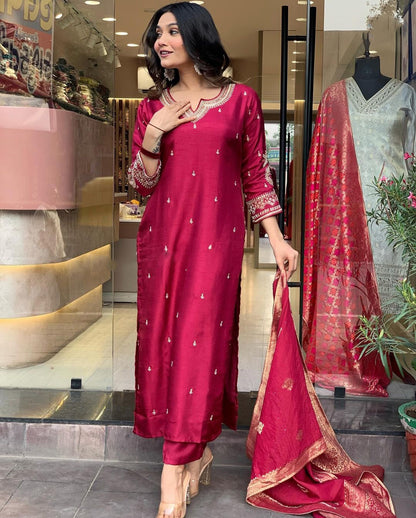 Rani Wine Chanderi Jaquard Kurti Set