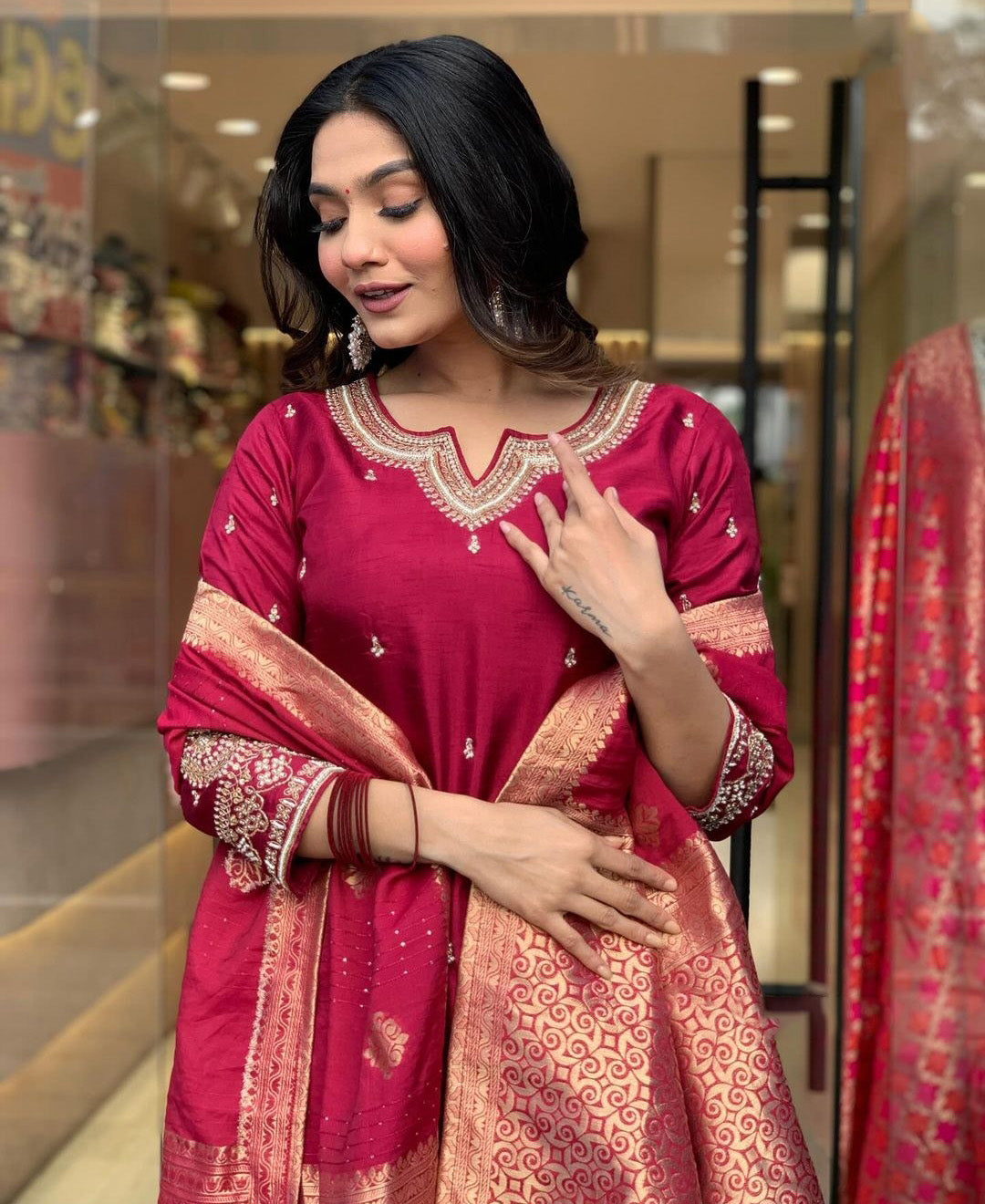 Rani Wine Chanderi Jaquard Kurti Set