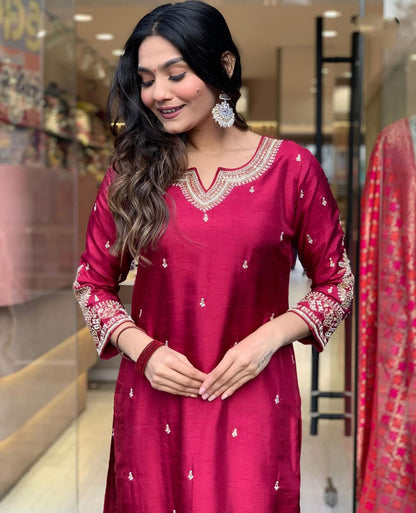 Rani Wine Chanderi Jaquard Kurti Set