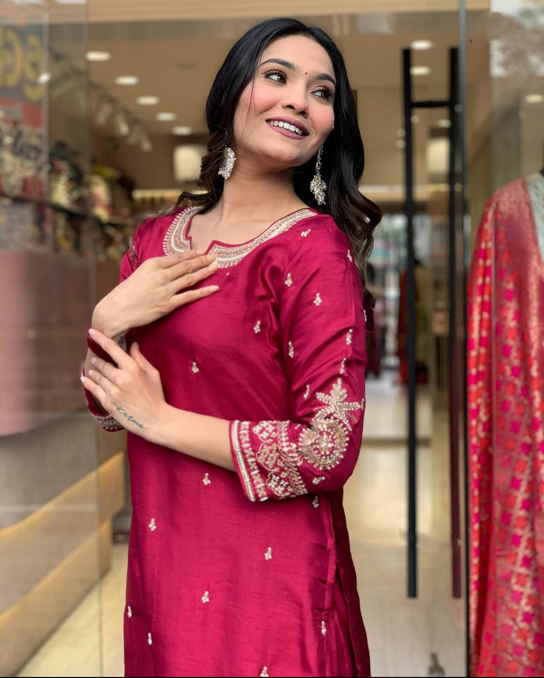 Rani Wine Chanderi Jaquard Kurti Set