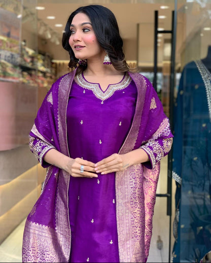 Rani Wine Chanderi Jaquard Kurti Set