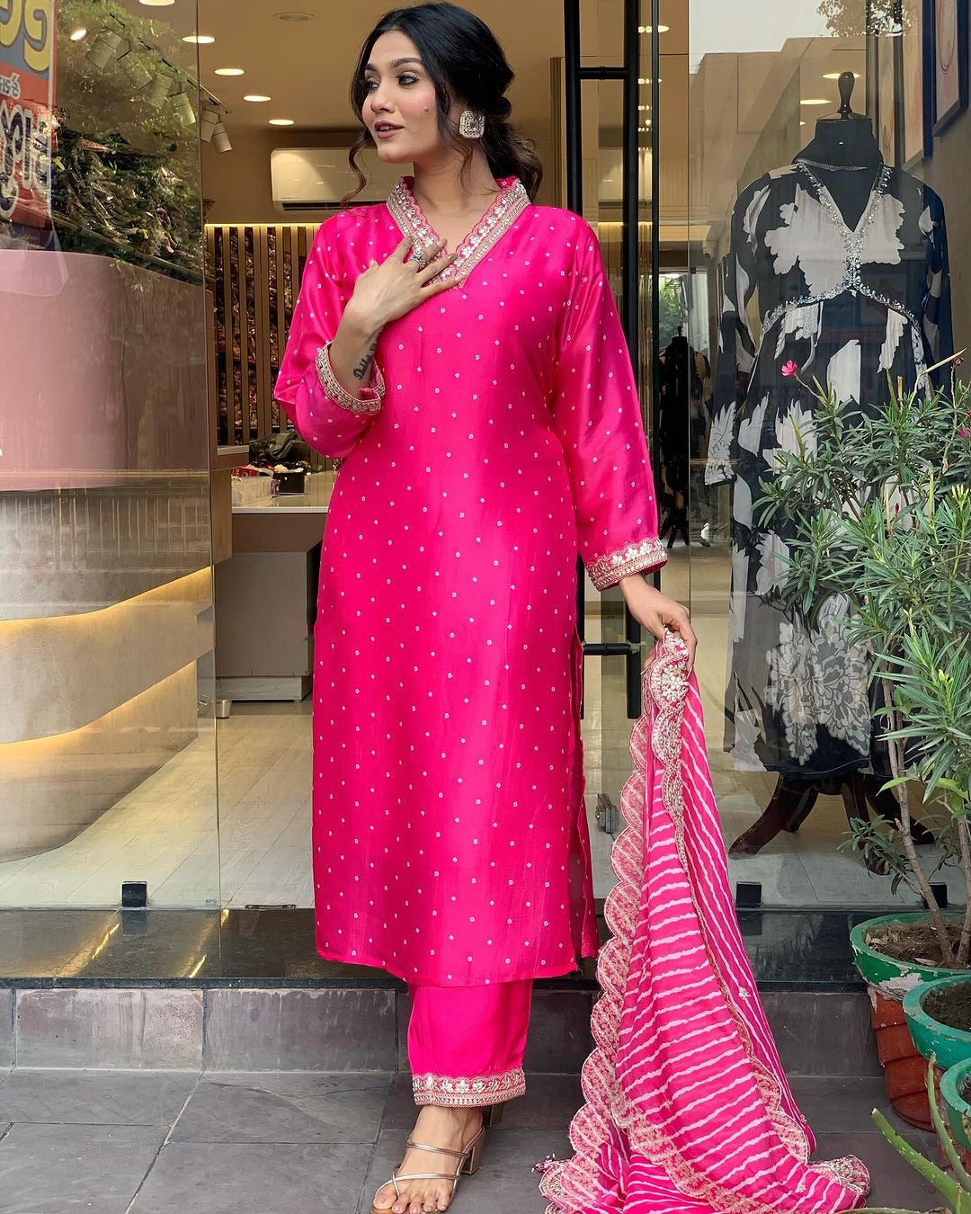 Pink Chanderi Muslin Kurti Set