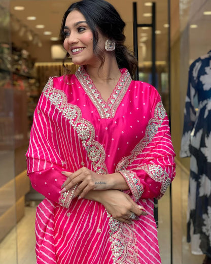 Pink Chanderi Muslin Kurti Set