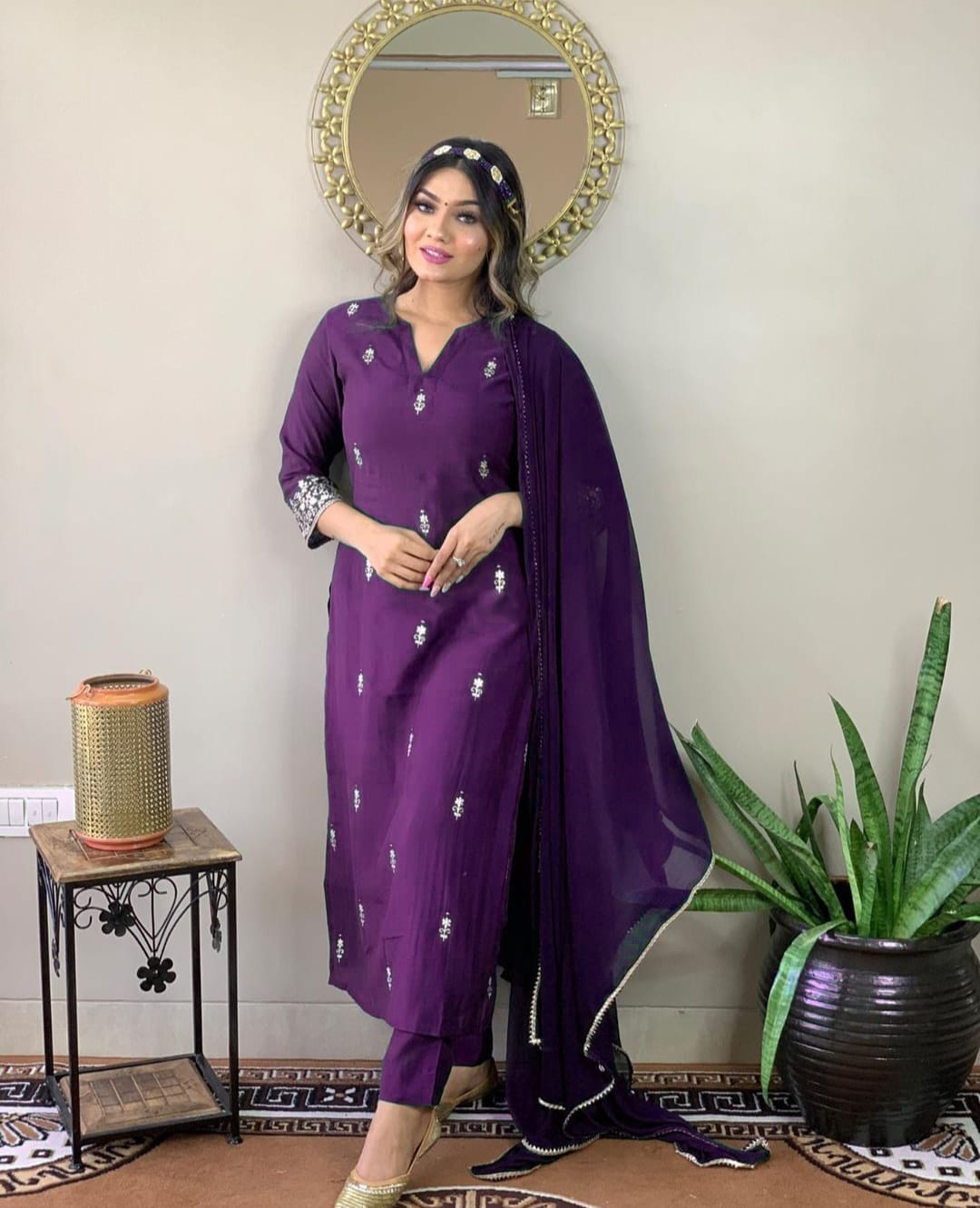 Purple Rayon Slub Chinon Kurti Set
