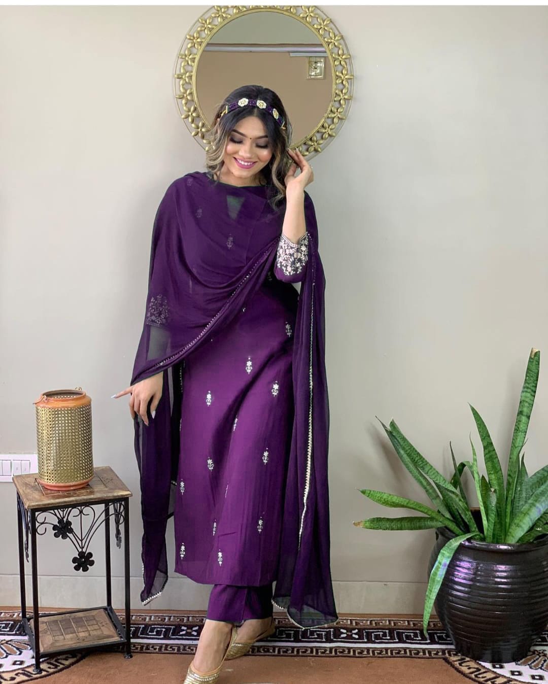 Purple Rayon Slub Chinon Kurti Set