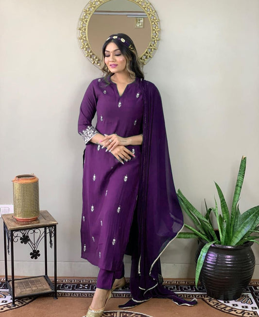 Purple Rayon Slub Chinon Kurti Set