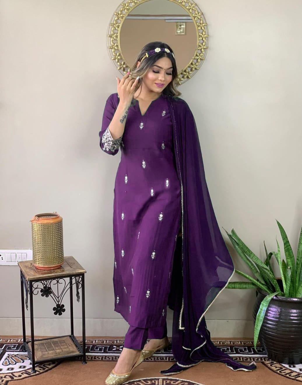 Purple Rayon Slub Chinon Kurti Set