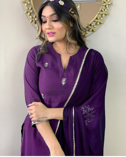 Purple Rayon Slub Chinon Kurti Set