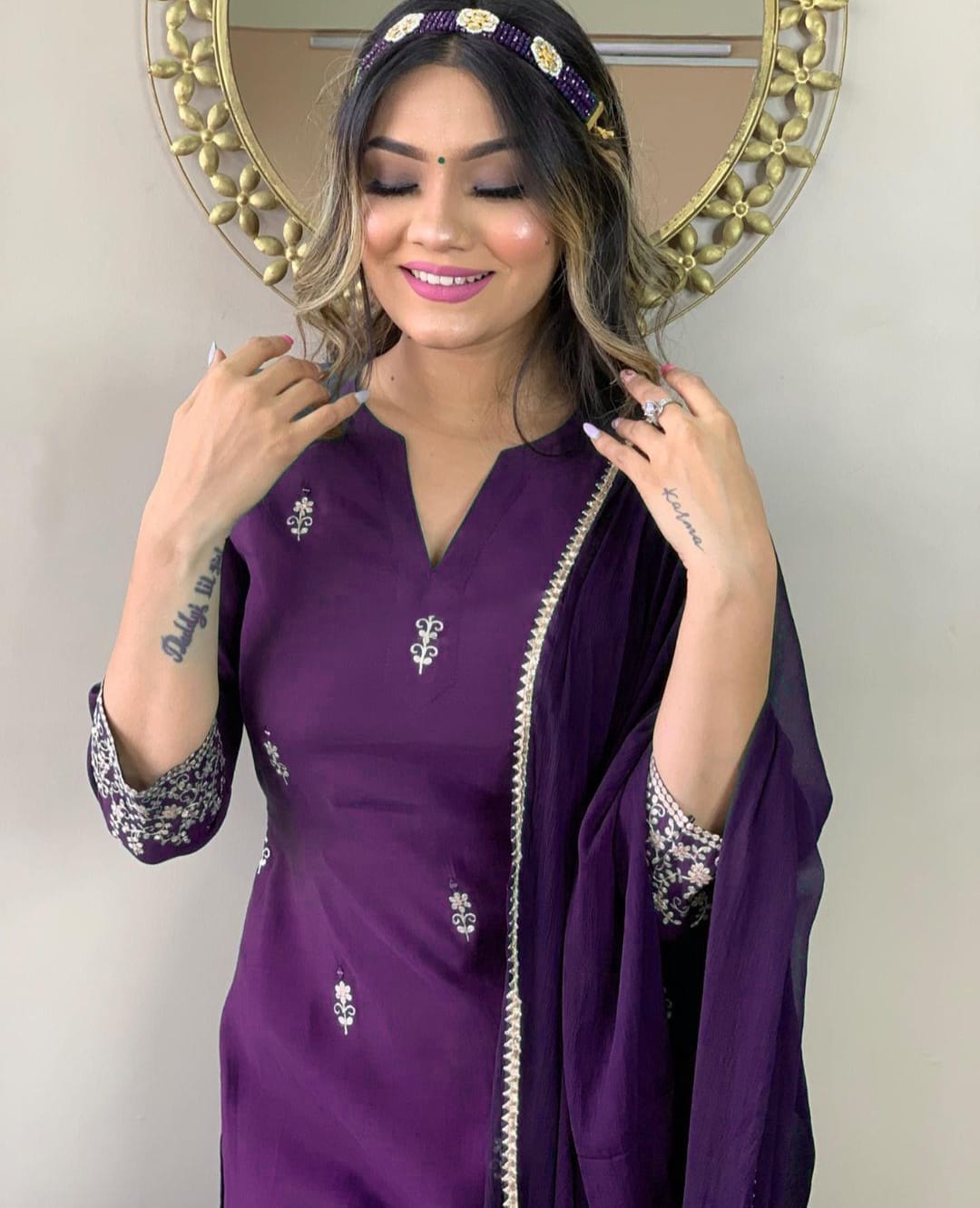 Purple Rayon Slub Chinon Kurti Set