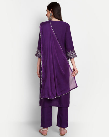 Purple Rayon Slub Chinon Kurti Set