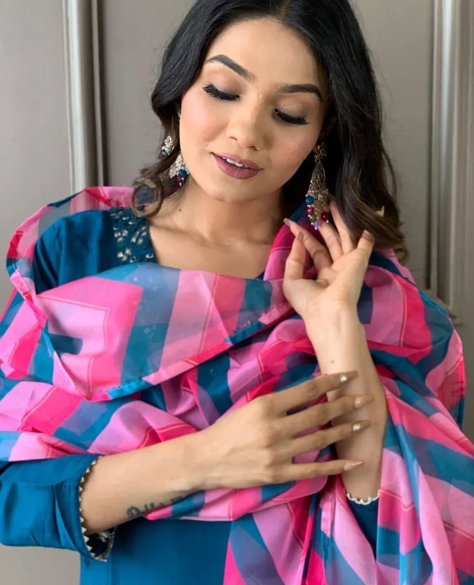 Blue Rayon Slub Organza Kurti Set