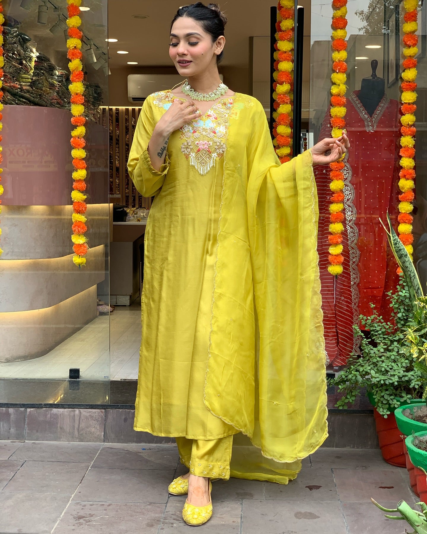 Lemon Chanderi Silk Organza Kurti Set