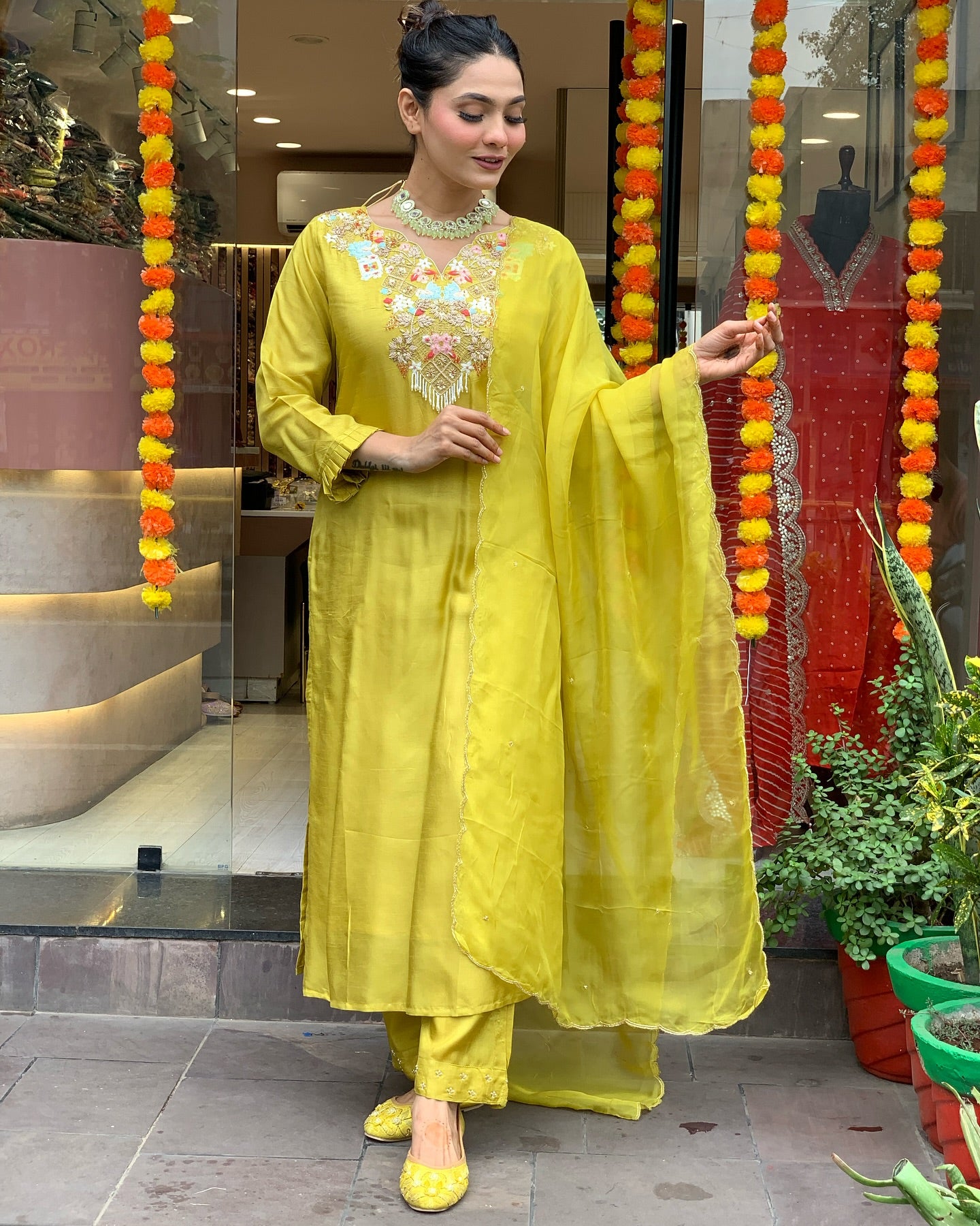 Lemon Chanderi Silk Organza Kurti Set