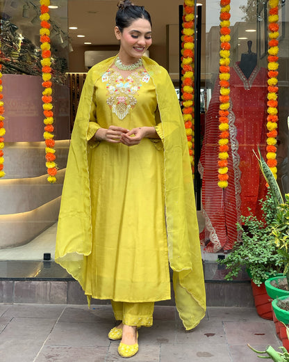 Lemon Chanderi Silk Organza Kurti Set