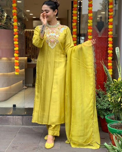 Lemon Chanderi Silk Organza Kurti Set