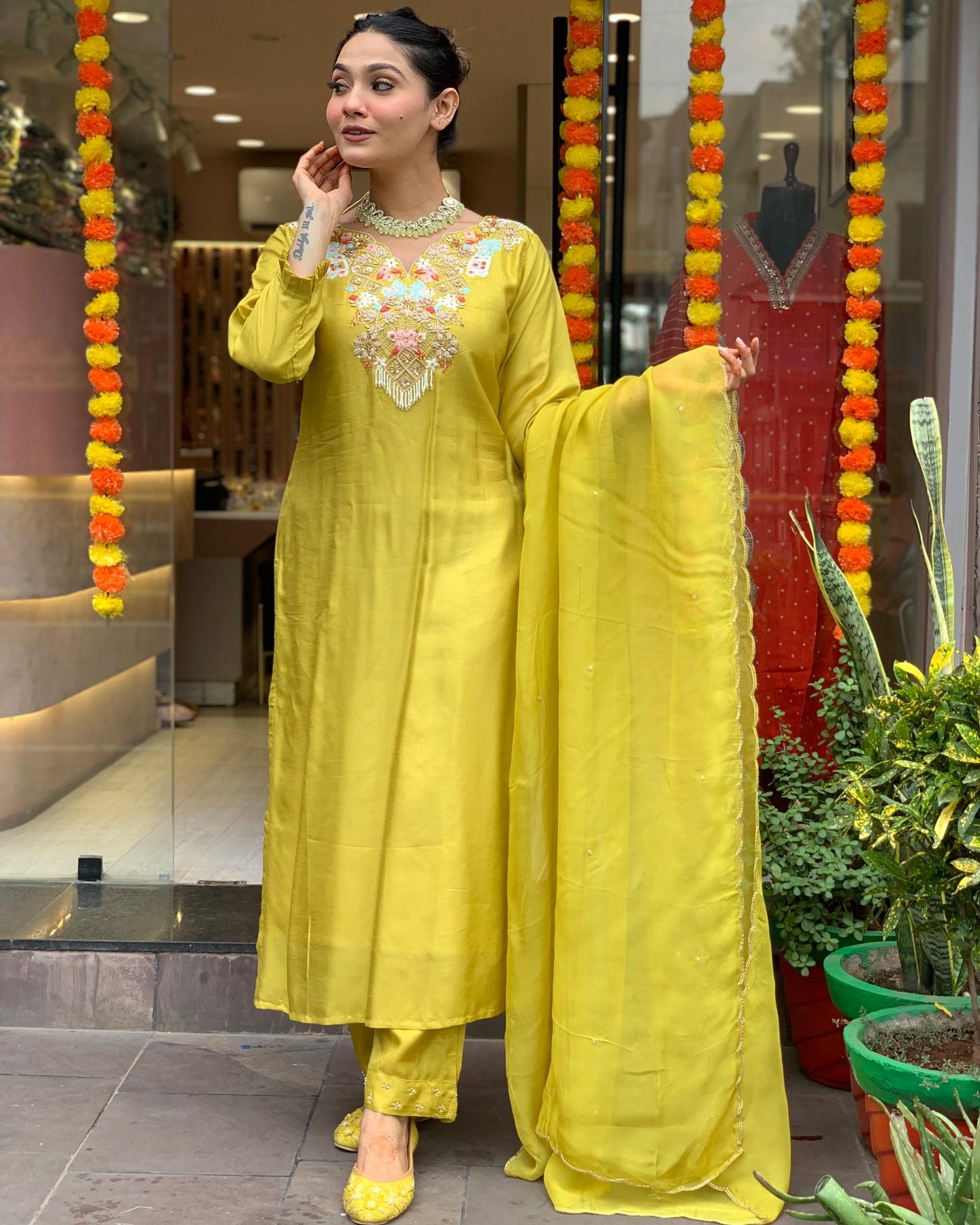Lemon Chanderi Silk Organza Kurti Set
