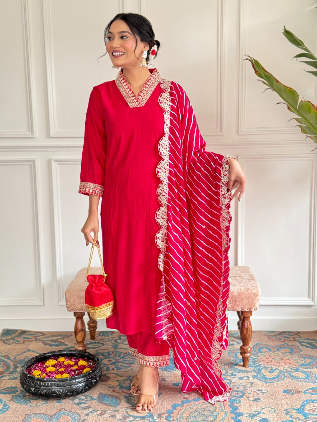 Red Chanderi Muslin Print Kurti Set