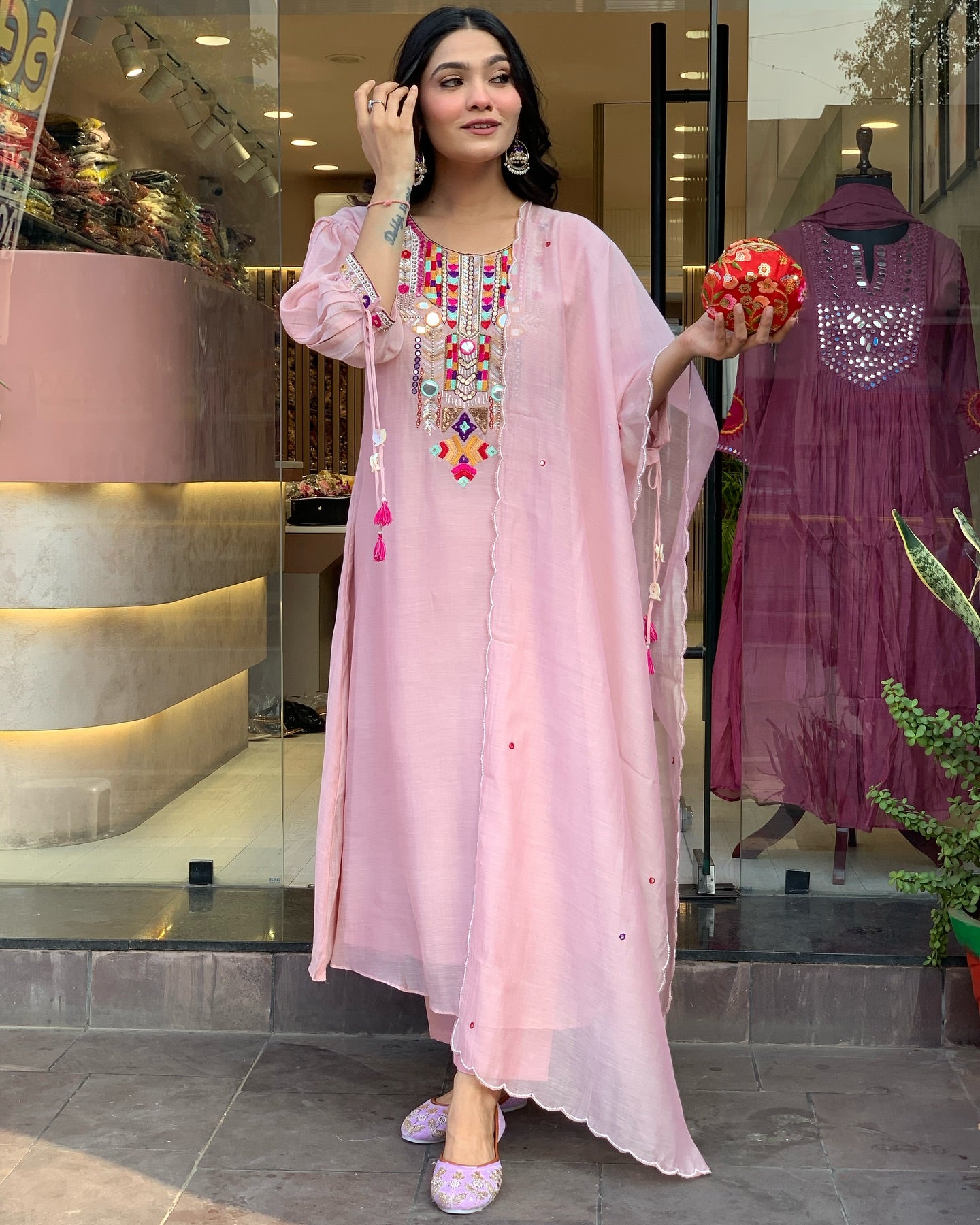 White Rana Pink Chanderi Silk Organza Kurti Set