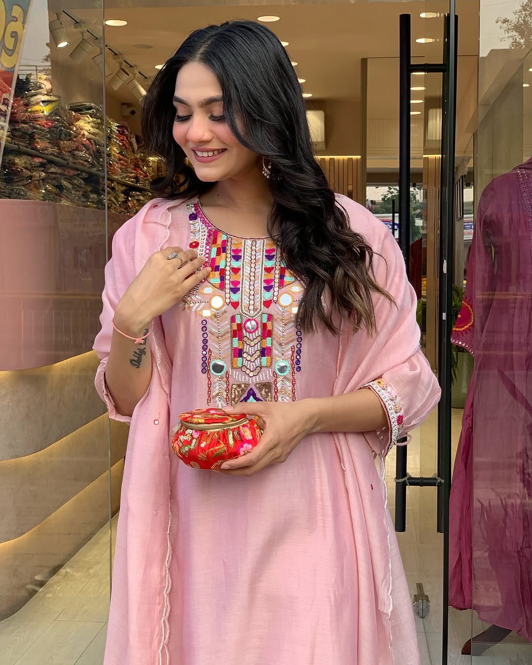 White Rana Pink Chanderi Silk Organza Kurti Set