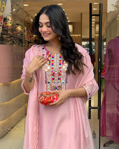 White Rana Pink Chanderi Silk Organza Kurti Set