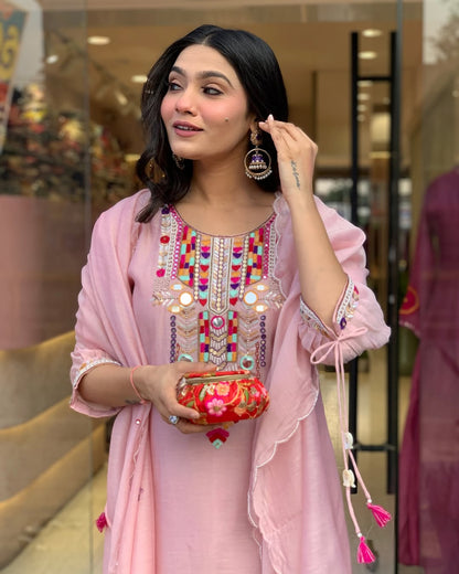 White Rana Pink Chanderi Silk Organza Kurti Set